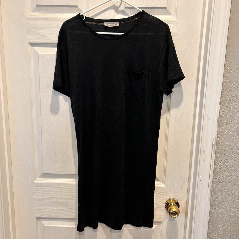 Everlane Black 100% Linen Short Sleeve Pocket T-Shirt Dress Large Beach Travel